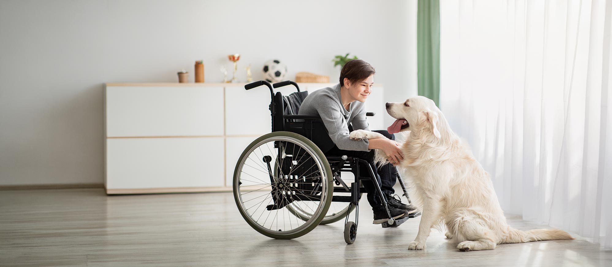 Ein fröhlicher junger Mensch im Rollstuhl spielt mit einem Therapiebegleithund in einem hellen Raum.